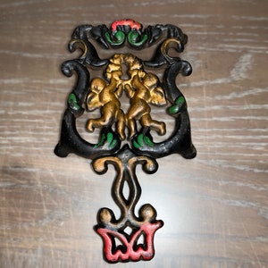 Vintage Cast Iron Trivet, Trivet Wall Hanging, Black Painted Trivet, 8&quot; Trivet, Cherub Scroll Trivet, Gold Angels Kitchen Trivet