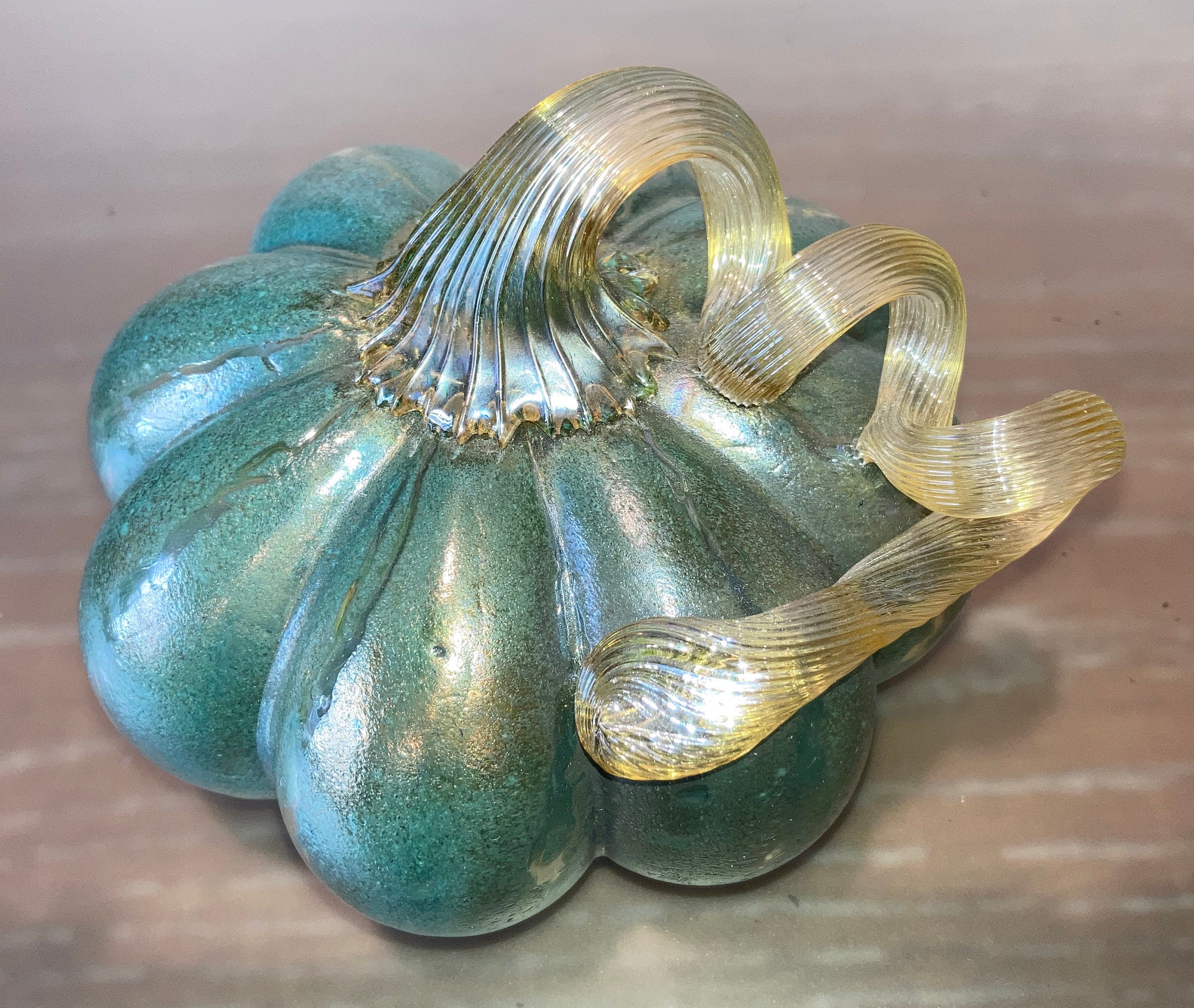 Studio Art Glass Pumpkin Iridescent Teal Glass Pumpkin Gourd | Etsy