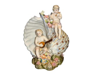 Vintage Meissen Cherub Figure, German Cherub Figures in Shell, 6" German Shell with Applied Flower and Musical Cherubs, Excellent