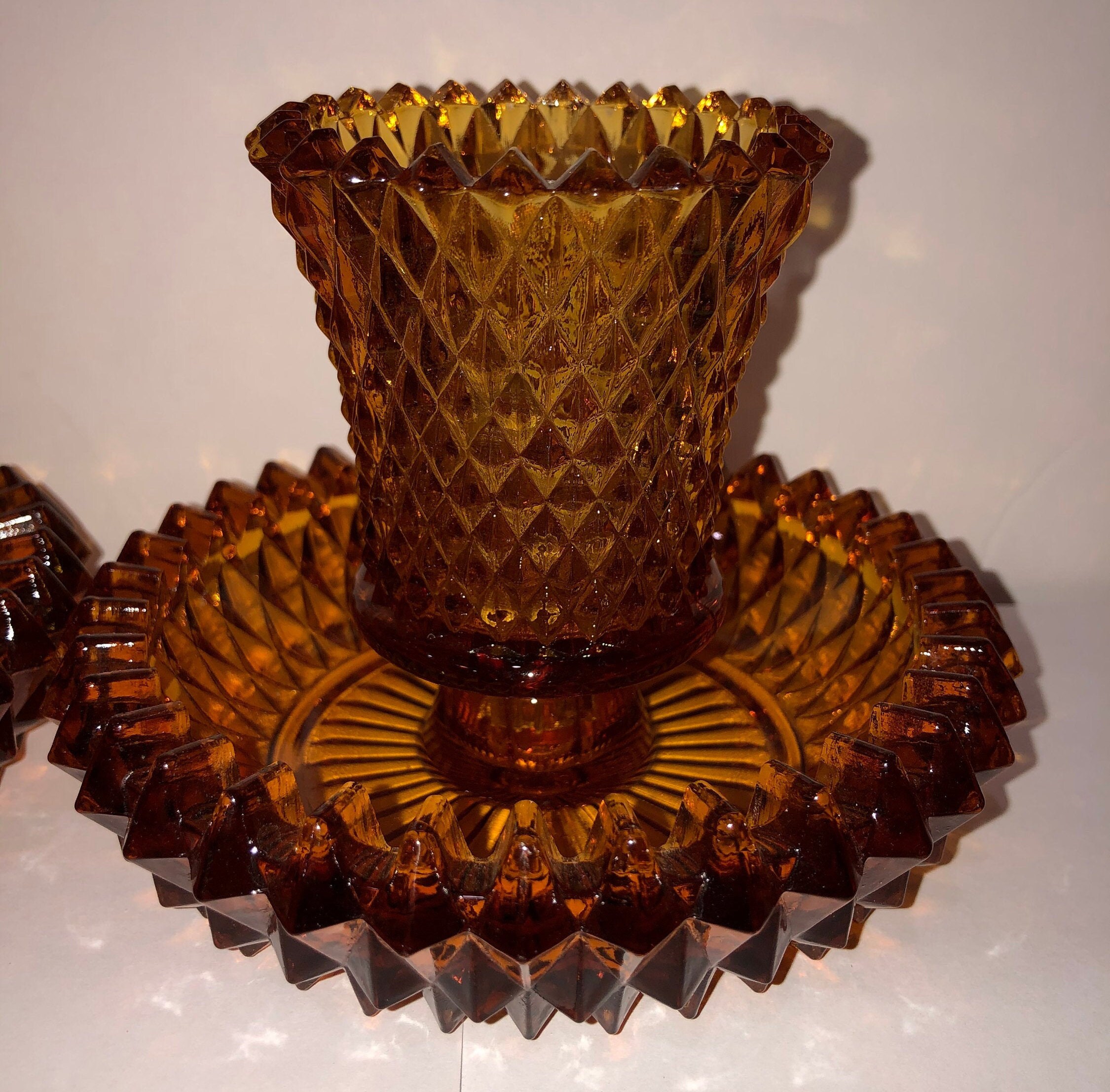 Pair Vintage Indiana Glass Tiara Candle Holders Diamond Point Etsy