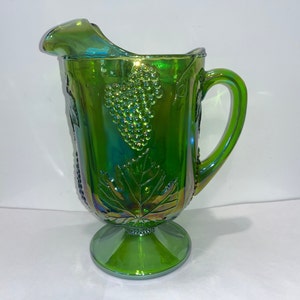 Vintage Green Carnival Glass Pitcher, Iridescent Green Carnival Glass Indiana Large Pitcher, Indiana Green Footed Pitcher, Mint
