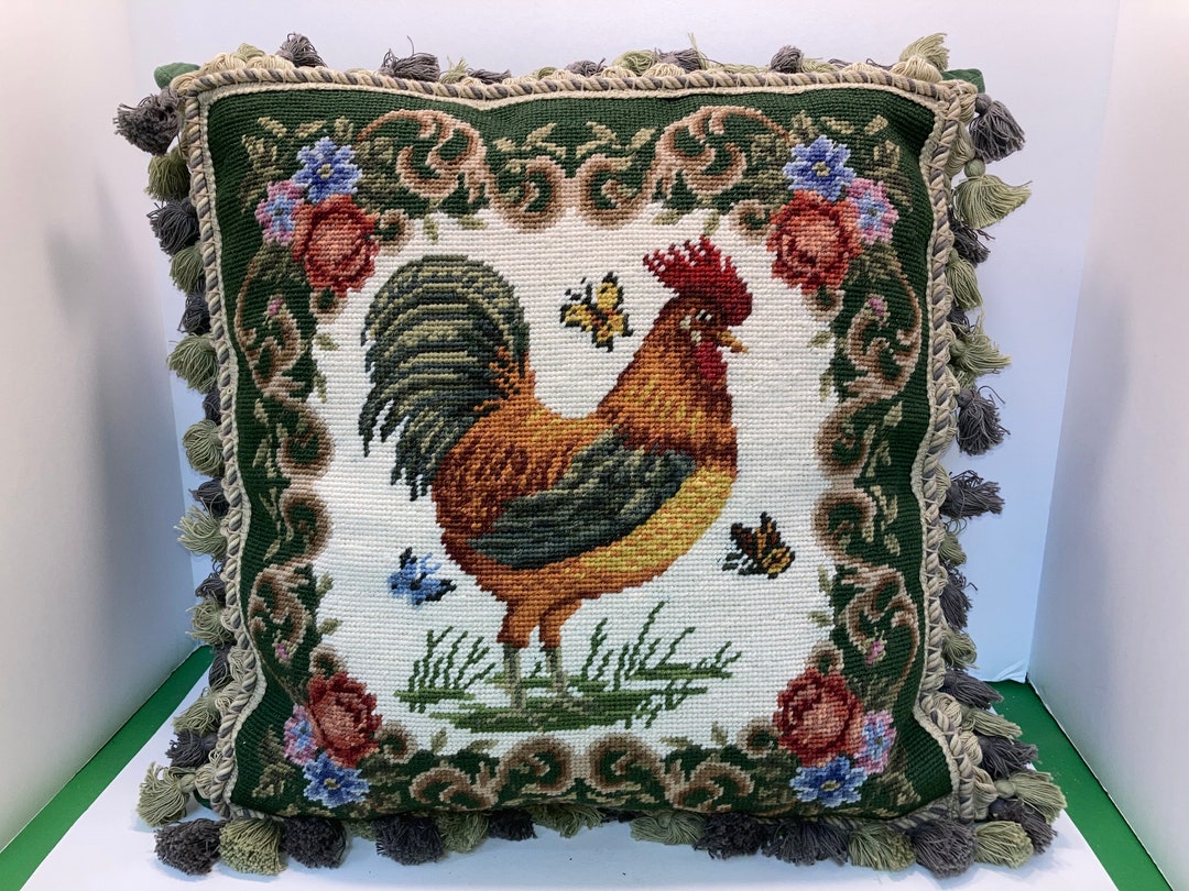 Vintage Needlepoint Rooster Pillow, Green Floral Rooster Needlepoint