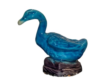 Antique Chinese Turquoise Duck, 2 1/2" Hand Painted Turquoise Glazed Duck Figure, Chinese Porcelain Turquoise Blue Glazed Duck, REPAIRED