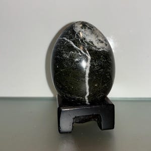 Large Black White Marble Egg on Stand, 3&quot; Black Gray Marble Egg, Black Granite Natural Egg, Natural Black Stone Egg, Stone Egg Square Stand