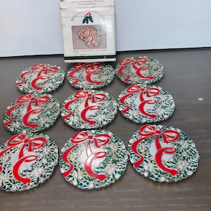 9 Vintage FB Rogers Silver Coasters, Enamel Holiday Wreath Coasters, Silver Plate Holly Bow Coasters, Christmas Silver Felt Lined Coasters