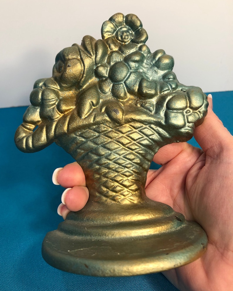 Vintage Flower Pot Iron Door Stop Cast Iron Painted Aqua Gold Etsy