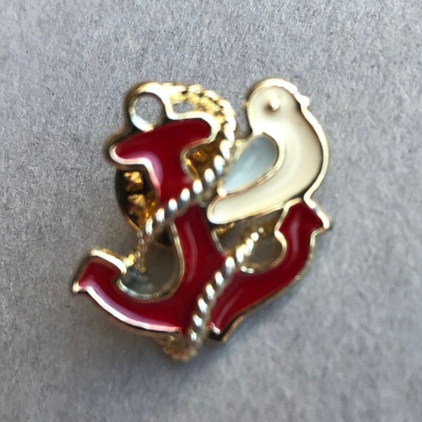 Vintage Gold Enamel Anchor Tie Tack Pin, Gold Nautical Leaf Pin, Gold Red White  Nautical Anchor Lapel Pin, Anchor Tie Tack, Nautical Pin