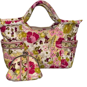Monedero acolchado Make Me Blush de Vera Bradley con monedero, cartera Vera Bradley con estampado rosa y verde de 33 cm, monedero vintage Vera Bradley con monedero