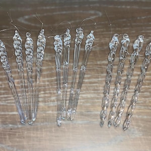 12 Artisan Icicle Ornaments, Handcrafted Clear Glass Icicles, 3 Different Spiral Icicle Ornaments, Blown Glass 6&quot; Ornaments, Set 12, in Box