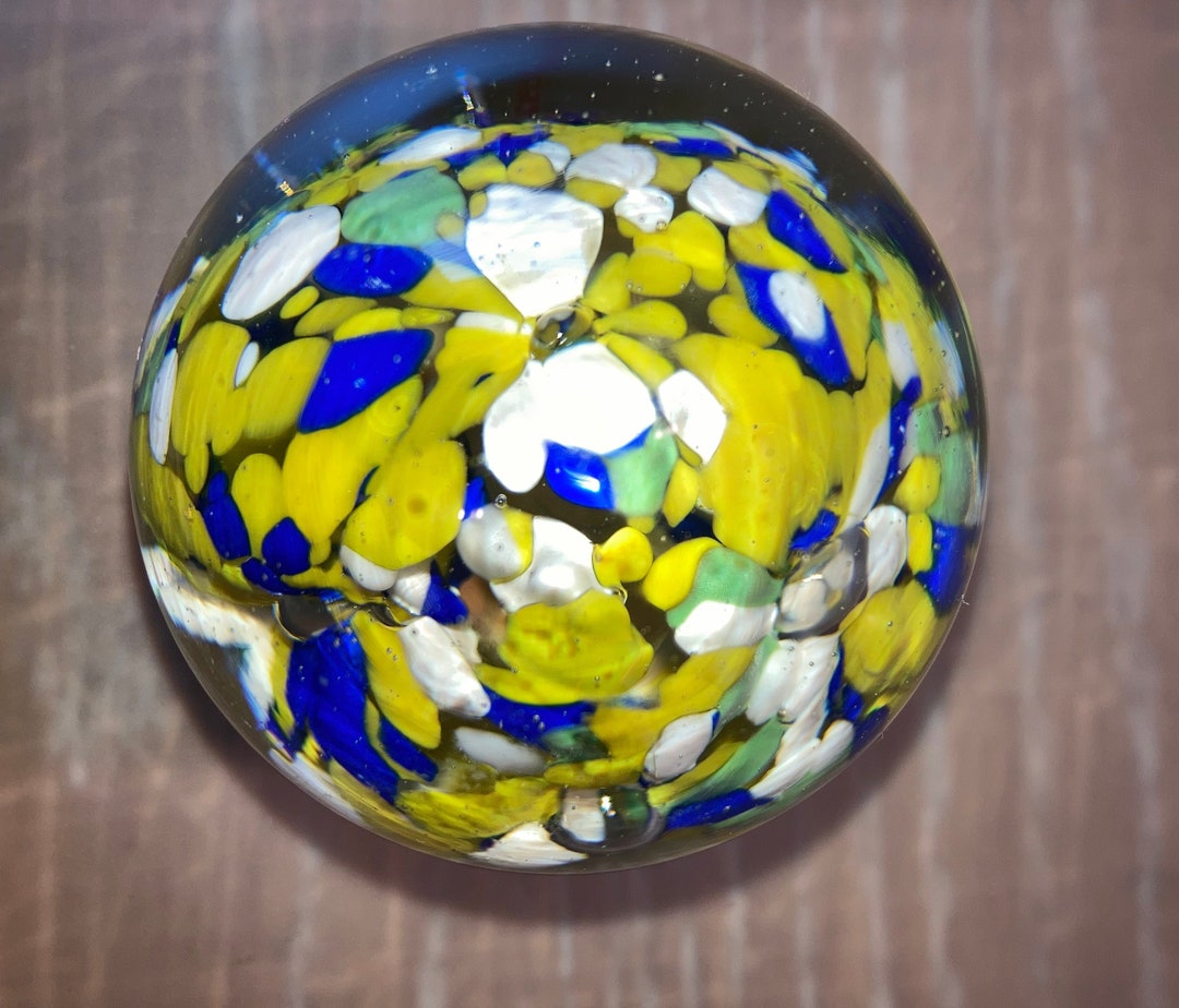 Vintage Confetti Glass Paperweight, Yellow White Blue Confetti Paper