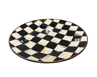 Mackenzie Childs Courtly Check 10 1/4" Plate, Mackenzie Childs Black Courtly Check Dinner Plate, Mackenzie Childs Enamel Plate Gold Trim