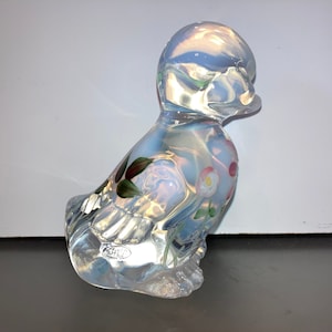 Fenton Opalescent Painted Duck Figure, Duck Hand Painted Flowers, Vintage Signed Opalescent Fenton Duck, Signed Fenton 3.5&quot; Duck Figure,Mint