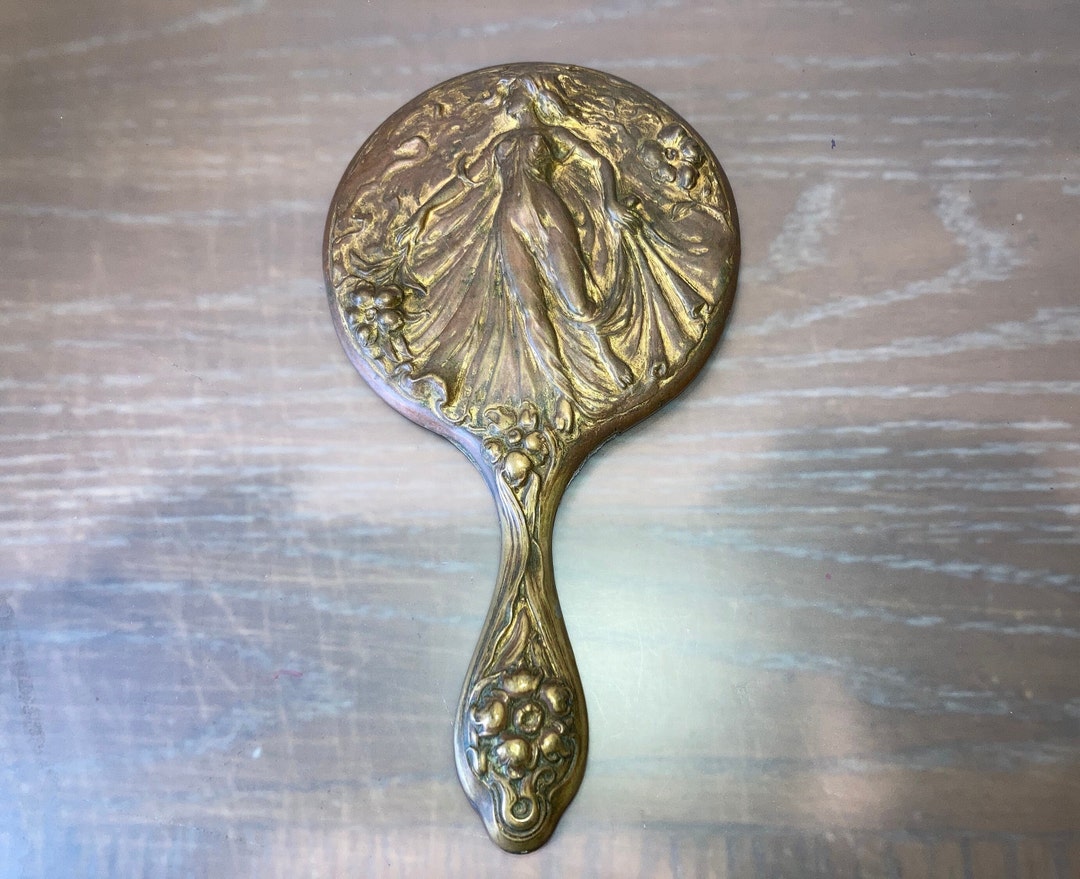 Antique Victorian Vanity Mirror, Vanity Hand Mirror, Beveled Hand Mirror Nude, Art Nouveau