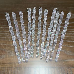 11 Vintage Icicle Christmas Ornaments, Shatterproof 6&quot; Iridescent Icicle Ornaments, Clear Iridescent Drip Icicle Ornaments, Mint