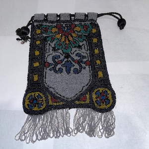 Antique Art Deco Micro Beaded Purse, Antique Black Beaded Purse, Opera Bag, Beaded Flapper Purse, 1900 Beaded 8&quot; wide  X 9 1/2&quot; tall, Good