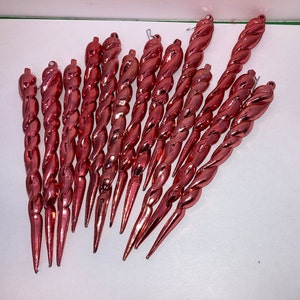 13 Vintage Pink Icicle Christmas Ornaments, Shatterproof 5&quot; Rose Icicle Ornaments, Set of 13 Pink Rose Christmas Ornaments, Spiral Icicles