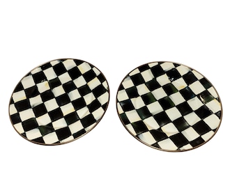 2 Mackenzie Childs 8 1/4" Plates, Mackenzie Childs Courtly Check Black, Mackenzie Childs Courtly Check Salad Plates, Dessert Plate, Mint