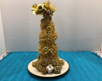 Vintage Gold Ornament Christmas Tree, Gold Adorned Christmas Tree, Christmas Tree in Gold Bulbs Gold Glitter, Vintage Christmas Decor