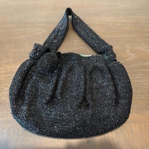 1940 Black Micro Beaded Evening Purse, Black Beaded Purse, Lined Sparkle Black Beaded Purse, Beaded Evening Bag is 10&quot; wide  X 8&quot; tall