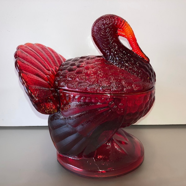 vintage L E Smith covered Amberina Turkey, L E Smith Ruby Red Lidded Soup Bowl, LE Smith Amberina Turkey Lidded Candy Dish, Fall Decorations
