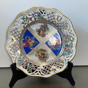 Antieke Schumann Dresden Quatrefoil-plaat, antieke Schumann-Duitsland doorboorde 8 1/2"-plaat met bloemen, Schumann Quatrefoil-netplaat, goed