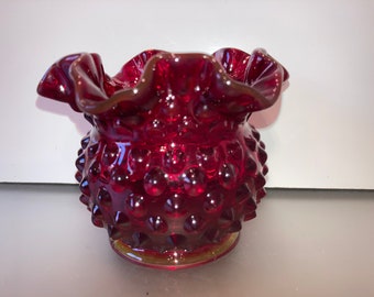 Fenton Ruby Red Art Glass Hobnail Vase, Vintage Fenton Ruby Amberina Ruffled Vase, Vintage Red Glass Ruffled 3" Vase, Fenton Crimped Rim