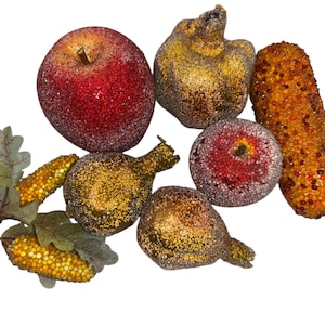 8 Vintage Beaded Fruit, Beaded Fruit, Beaded Apple, Beaded Pomegranate, Iridescent Beaded Fruit Basket, Mid Century Beaded Corn, Faux Fruit