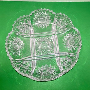 Antique American Brilliant Sawtooth Bowl, ABP Stars Cut Glass 9&quot; Low Bowl, Hobstar Serving Bowl, ABP Heavy Cut Low Bowl, Excellent Cut Glass