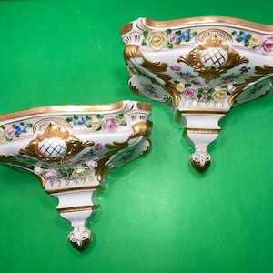 Pair Antique Dresden Sconces, Antique Dresden Wall Shelfs, Signed Dresden, Numbered Dresden 2080, Applied Flowers, Hand Painted, Excellent