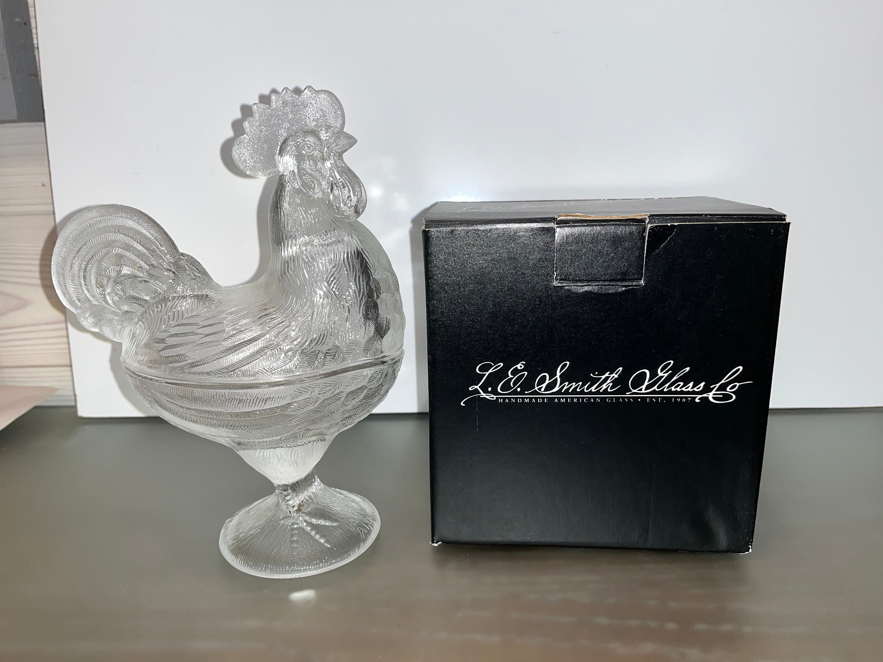 Vintage LE Smith Rooster Candy Dish, Vintage Glass Rooster, LE