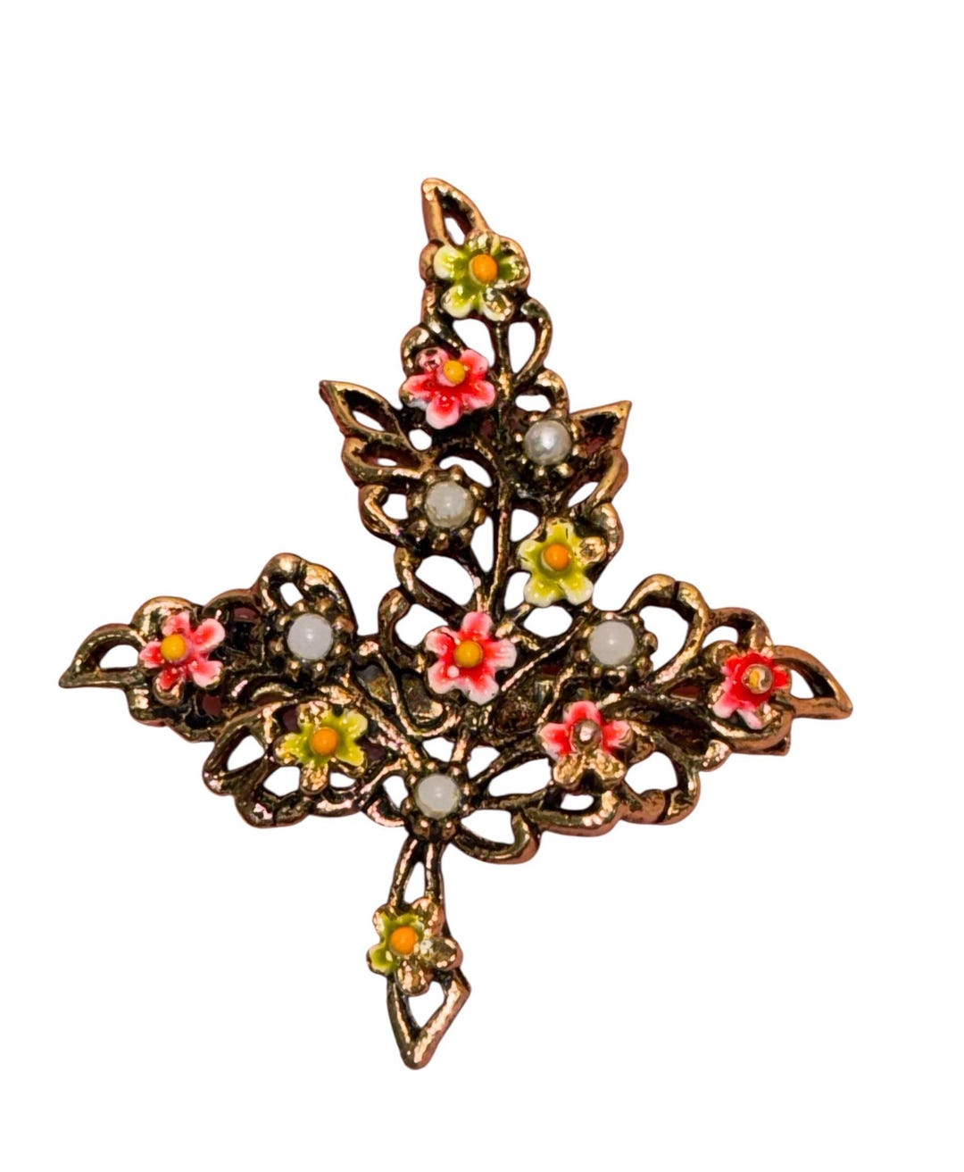 Vintage Fall Pin Brooch, Coral Leaf Pin, Fall Floral Pin Brooch, Enamel ...