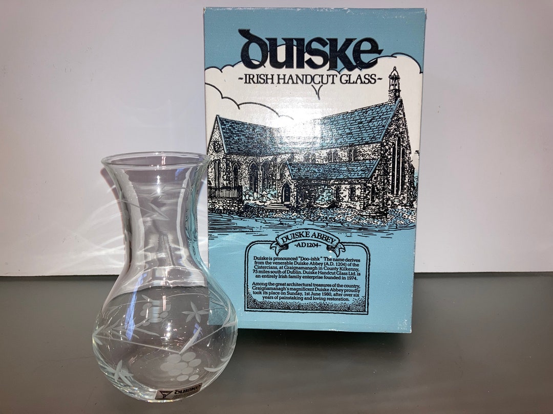Vintage Duiske Etched Glass Vase, Irish Flowers Clear Bud Vase, Bohemian Etched 5 Glass Vase, in