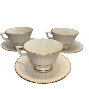 3 Lenox Citation Cups and Saucers, USA Lenox China Tea Cups, Lenox Beige Gold Saucer Plates, Lenox Tea Cups Dishes, Mint