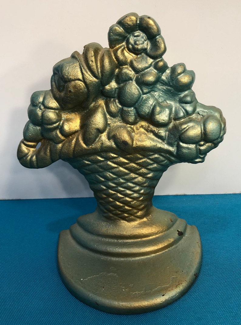 Vintage Flower Pot Iron Door Stop Cast Iron Painted Aqua Gold Etsy