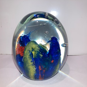 Clear Cobalt Blue Paper Weight, Bubble Glass Paperweight, Under Water Art Glass Paperweight, Small Water Glass Paper Weight,Desk Accessories