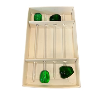 4 Vintage Glass Olive Appetizer Picks, Bar Ware, Green Olive Drink Sticks, 2 Different Fancy Bar Martini Olive Picks, in box