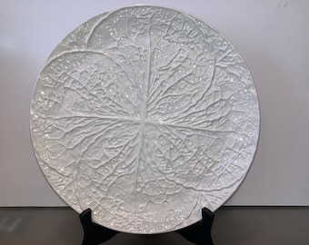 Vintage Czech Leaf Platter, Czech White Heavy Relief Platter, Cabbage Round Platter, 12&quot; White Cabbage Leaf Serving Platter, READ