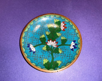 Vintage chinesische Cloisonné Trinket Teller, Vintage Cloisonné 3 3/4 "Teller, Cloisonné Kupferzierstück, chinesisches Blumen Cloisonné Trinket, gut