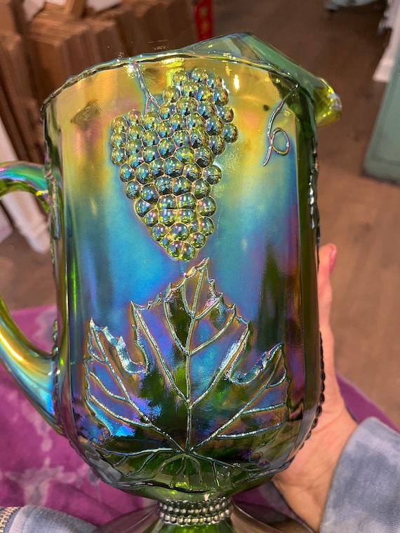 Vintage Green Carnival Glass Pitcher, Iridescent Green Carnival