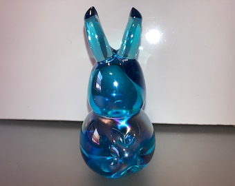Ron Ray Aqua Bunny Rabbit Figure, 1982 Iridescent Turquoise Glass Bunny, Blue Bunny Figure, Art Glass Aqua Bunny Rabbit