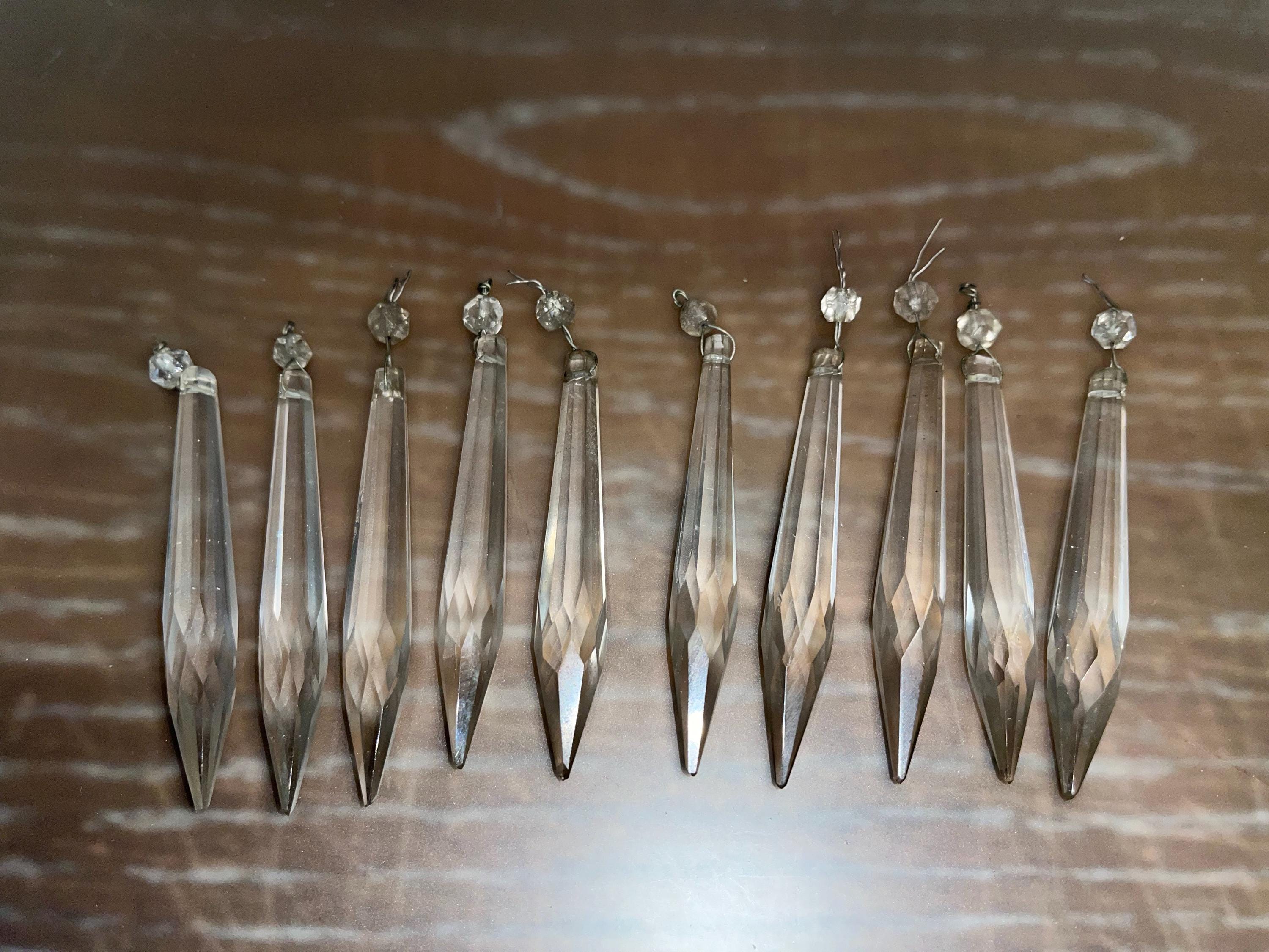 10 Sets of Antique Crystal 3 3/4" Prisms, Antique Prism Lot, antique chandelier Prism, Linked Prisms, 2 3/4" Faceted Prism, 1/4" Glass Bead