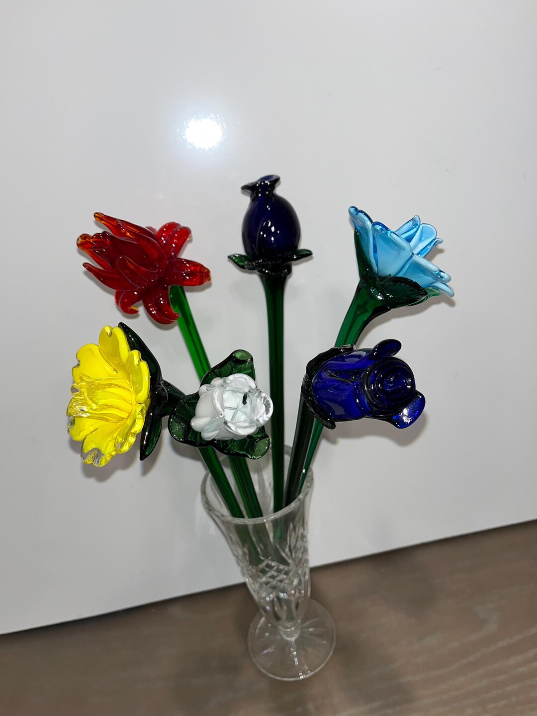6 Art Glass Flower Bouquet, Hand Blown Rose Glass Flowers, Art Glass ...