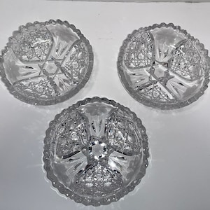 3 Antique American Brilliant Sawtooth Candy Dish, ABP Stars Cut Glass Dish, ABP 5&quot; Low Bowl Etched Flowers, ABP Glass Sawtooth Edge Bowls