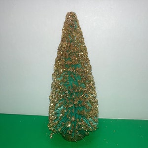 Green Gold Bottle Brush Tree, Green Bottlebrush Gold Glitter Tree, Vintage Gold Glitter Christmas Bottle Brush 6&quot; Tree, Christmas Decor Gold