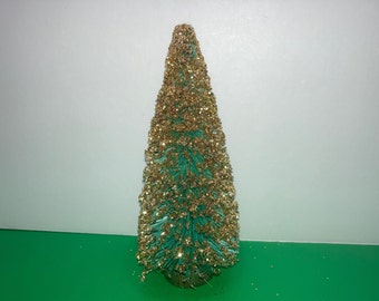 Green Gold Bottle Brush Tree, Green Bottlebrush Gold Glitter Tree, Vintage Gold Glitter Christmas Bottle Brush 6" Tree, Christmas Decor Gold