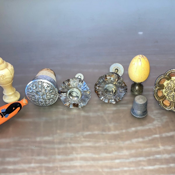 8 pcs Vintage Glass Knobs, Vintage Cork Bottle Stopper, Vintage Finial, Vintage Thimble, Vintage Sewing Thimble Thread, Antique Junk Lot