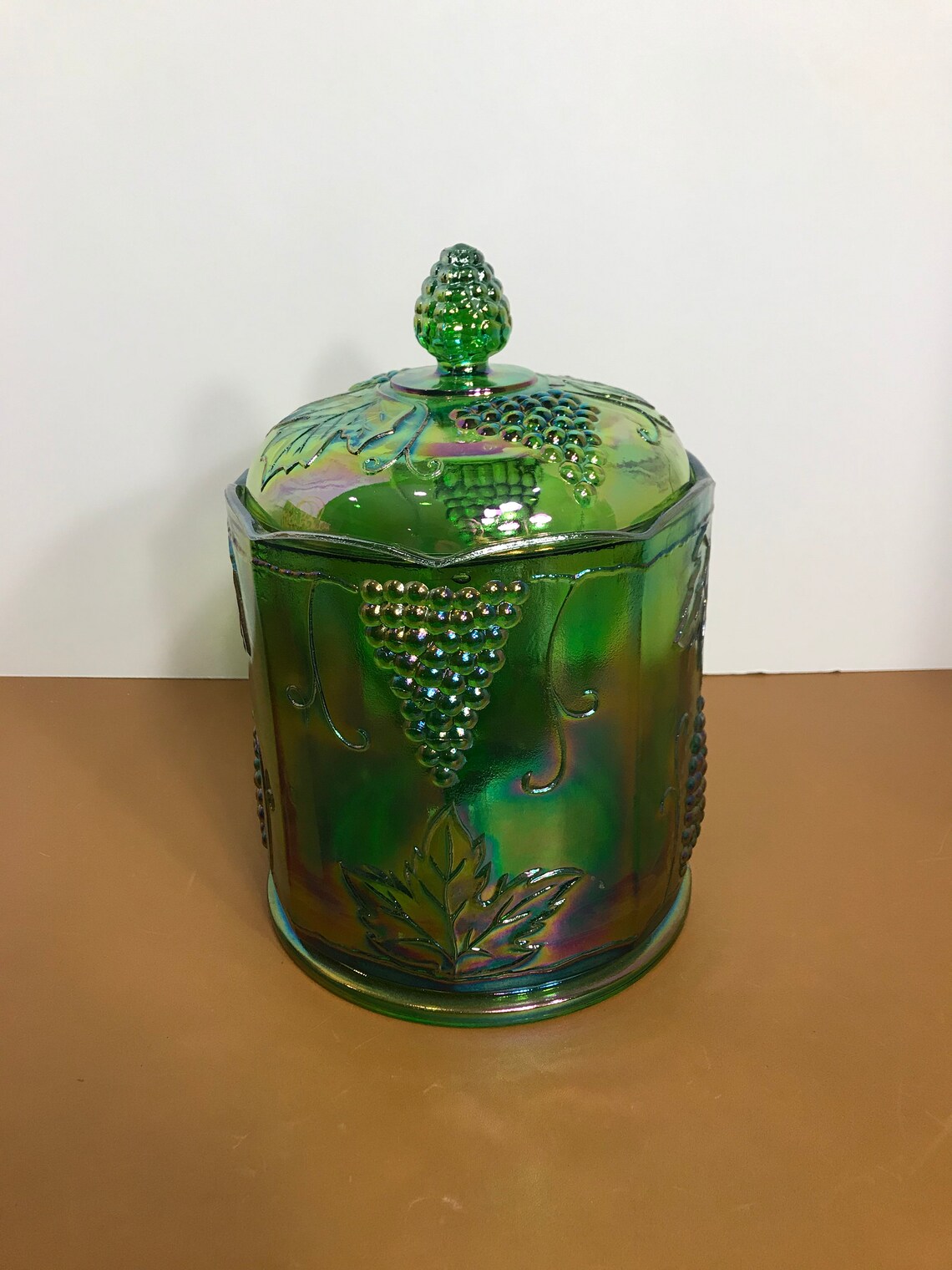Vintage Indiana Green Carnival Glass Harvest Grape Canister Etsy