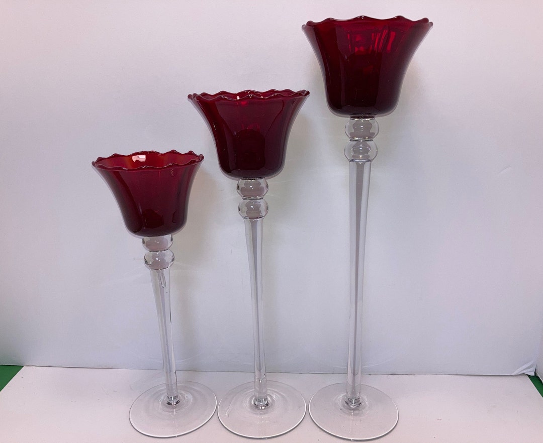 3 Vintage Ruby Glass Graduated Candlesticks, Ruffled Ruby Red Candle