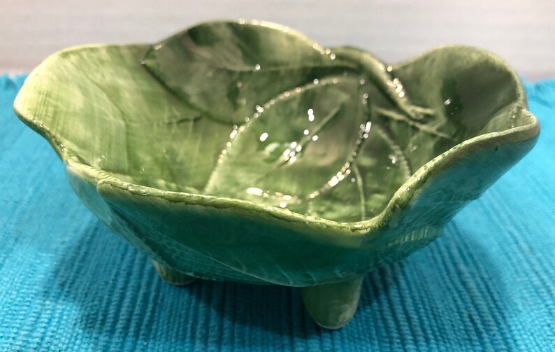 Pair of Vintage Majolica Green Cabbage Bowls Footed Green Etsy