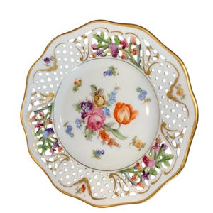 Antiek Schumann Duitsland 6" doorboord bord met bloemen, Schumann Dresden-bord, Schumann-netbord, mintgroen
